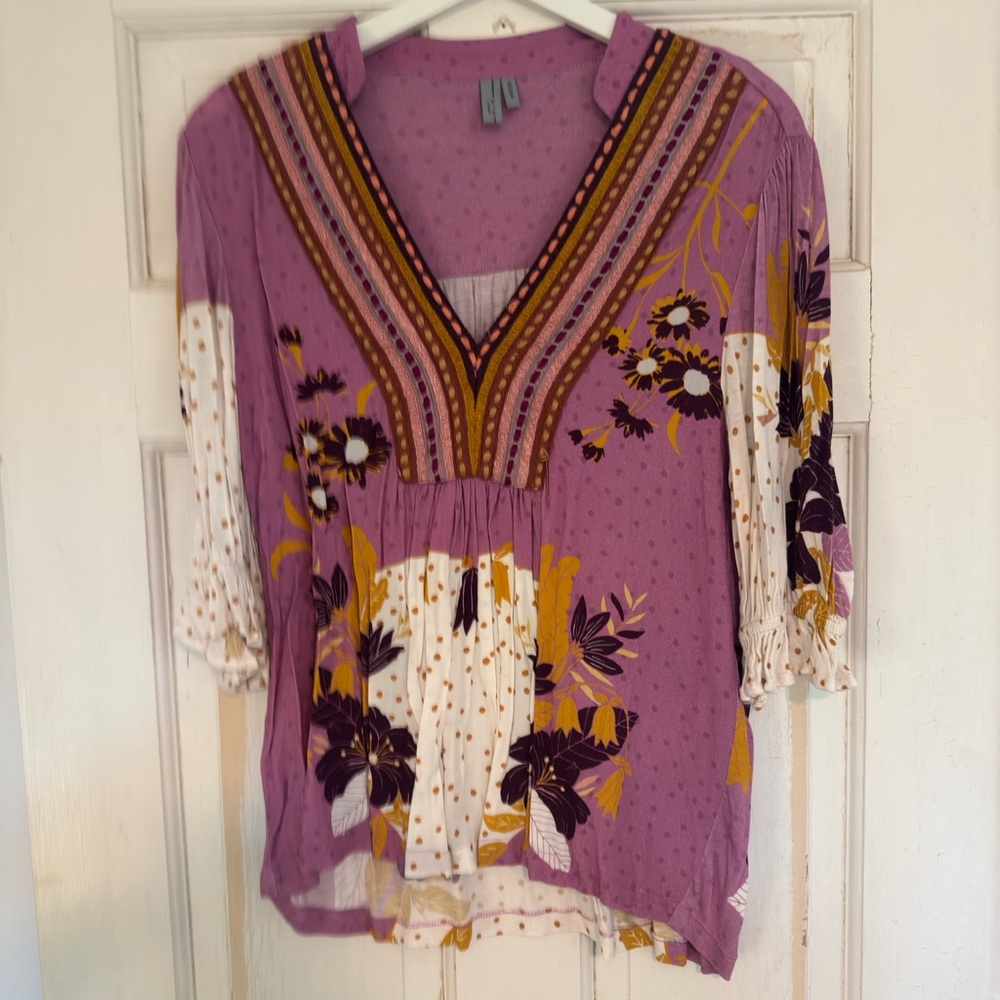 Anthropologie Purple Floral V-Neck Blouse